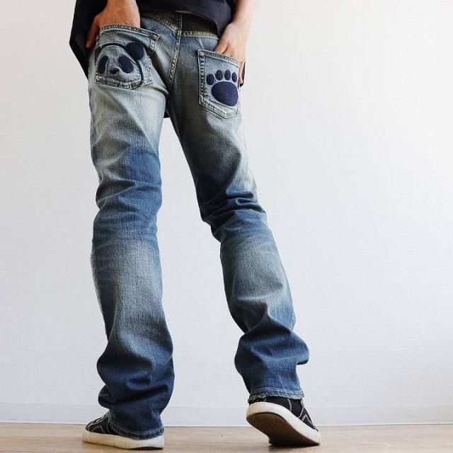 デニム パンツ スリム ストレート ジーンズ ストレッチ メンズ レディース 熊猫謹製 コラボ限定色 パンダ 月 星 刺繍 オリジナル刻印ボタン リベット ユーズド加工 アメカジ 大人 カジュアル パティ PANDIESTAJAPAN BLUETO パンディエスタ デニム パンツ スリム ストレート ジーンズ ストレッチ メンズ