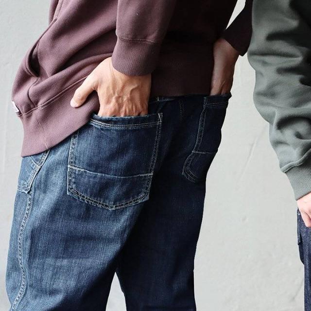 パンツ テーパード レディース メンズ デニムパンツ デニム ワーク ペグトップ ノンストレッチ 綿100％ インディゴ ユーズド ワンウォッシュ 体型カバー 美脚 美尻 脚長 細見え すっきり カジュアル アメカジ PATY パティ cafetty カフェッティ_5