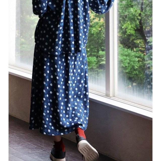 SLOW HANDS スローハンズ スカート ロング丈 レディース ドット柄 ジャガード プリント インド 綿100％ コットン 裏地付き 涼しい 薄手 通気性 ウエストゴム 紐付き ゆったり 体型カバー カジュアル 夏 夏服 パティの通販は