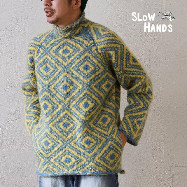 SLOW HANDS スローハンズ ニット セーター 長袖 ハイネック メンズ レディース ノルディック柄 総柄 ウール モヘア 厚手 伸縮性 暖かい 保温性 ゆったり 大きいサイズ カジュアル 秋 冬 パティ