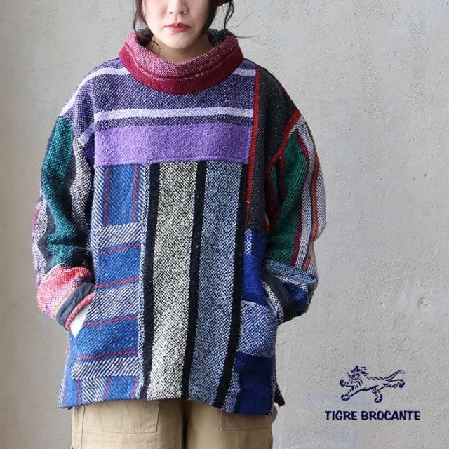 TIGRE BROCANTE ティグルブロカンテ プルオーバー 長袖 ハイネック メンズ レディース メキシカンパーカー リメイク 日本製 総柄 厚手 しっかり生地 ゆったり 大きいサイズ 体型カバー カジュアル 秋 冬 パティ その他トップス