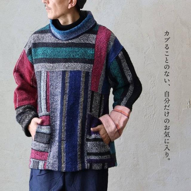TIGRE BROCANTE ティグルブロカンテ プルオーバー 長袖 ハイネック メンズ レディース メキシカンパーカー リメイク 日本製 総柄 厚手 しっかり生地 ゆったり 大きいサイズ 体型カバー カジュアル 秋 冬 パティ その他トップス