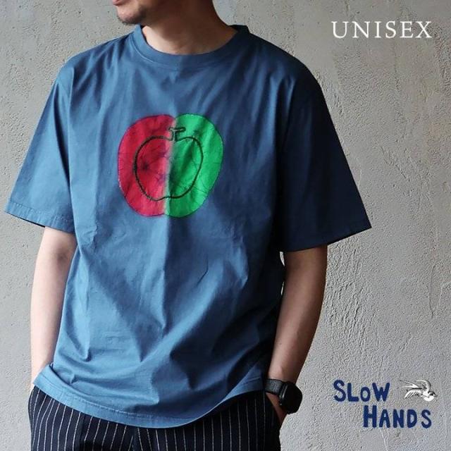 【メール便50】 SLOW HANDS スローハンズ Tシャツ 半袖 メンズ レディース クルーネック ろうけつ染め りんご 刺繍 綿100％ コットン 薄手 涼しい 伸縮性 夏 夏服 ゆったり 体型カバー 大きいサイズ カジュアル パティ