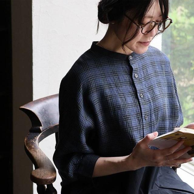 SLOW HANDS スローハンズ ワンピース 7分袖 レディース バンドカラー チェック柄 無地 切り替え 綿 麻 通気性 涼しい ゆったり 大きいサイズ 体型カバー カジュアル パティ_3