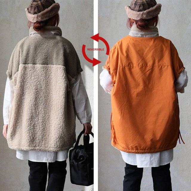 ベスト ボアベスト レディース スタンドネック 重ね着 異素材切り替え 配色 ボア コーデュロイ リバーシブル 暖かい 軽い 大きいサイズ 体型カバー カジュアル 秋 冬 パティ GENTIL ジャンティ ベスト ボアベスト レディース スタンドネック 重ね着 異素材切り替え