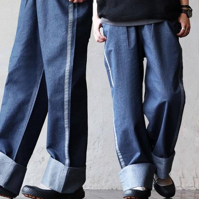 パンツ ストレート ワイド レディース ラメ デニム 配色ライン ロールアップ コットン ポリエステル ノンストレッチ しっかり生地 ウエストゴム ゆったり 大きいサイズ 体型カバー カジュアル 夏 パティ