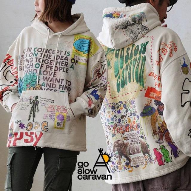 go slow caravan ゴースローキャラバン パーカー 長袖 メンズ レディース 落書き プリント 綿100 コットン 裏毛 ヘビーウェイト 伸縮性 ゆったり 大きいサイズ 体型カバー カジュアル 秋 冬 パティ