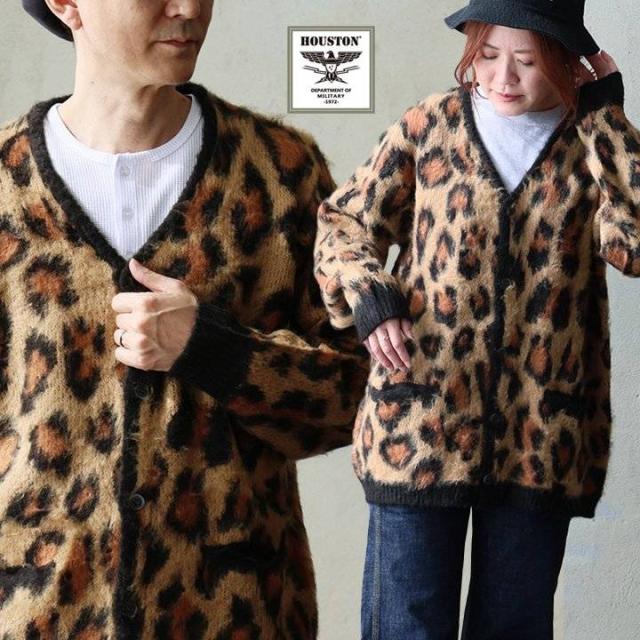 カーディガン 長袖 メンズ レディース Vネック 重ね着 レオパード 総柄 モヘア アクリル 暖かい 軽い ゆったり 大きいサイズ カジュアル レトロ ヴィンテージ 秋 冬 パティ HOUSTON ヒューストン