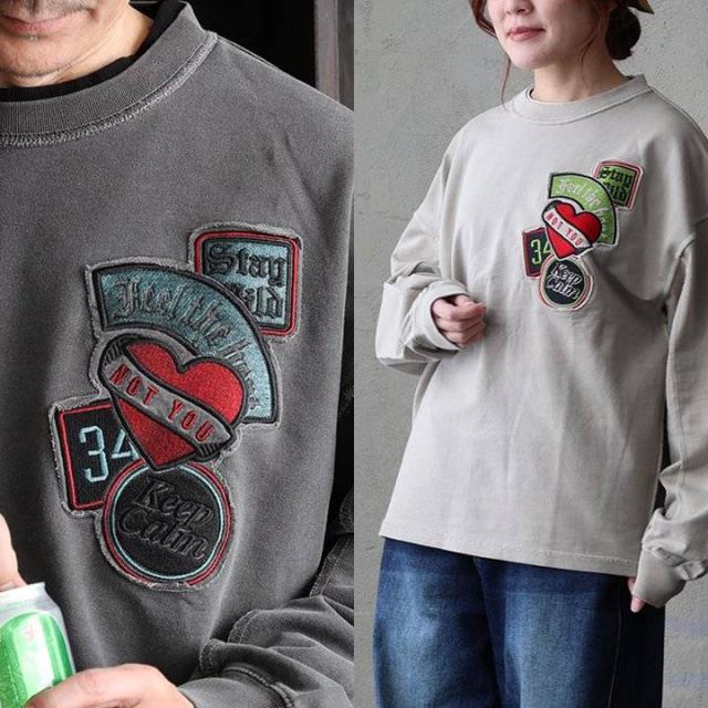 スウェット 長袖 メンズ レディース 綿100 コットン ミニ裏毛 袖リブ 胸ワッペン 刺繍 ロゴ 褪せ色 ピグメント 大きいサイズ カジュアル ヴィンテージ パティ