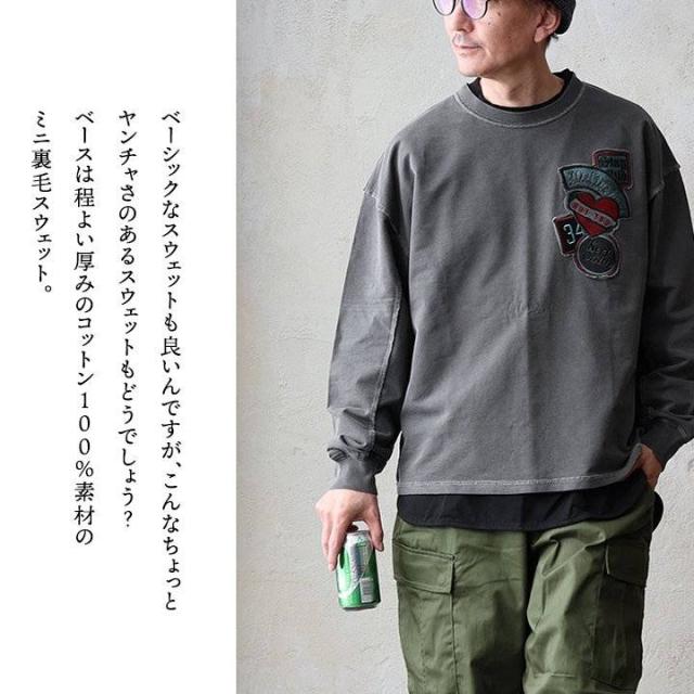 スウェット 長袖 メンズ レディース 綿100 コットン ミニ裏毛 袖リブ 胸ワッペン 刺繍 ロゴ 褪せ色 ピグメント 大きいサイズ カジュアル ヴィンテージ パティ