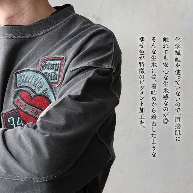 スウェット 長袖 メンズ レディース 綿100 コットン ミニ裏毛 袖リブ 胸ワッペン 刺繍 ロゴ 褪せ色 ピグメント 大きいサイズ カジュアル ヴィンテージ パティ
