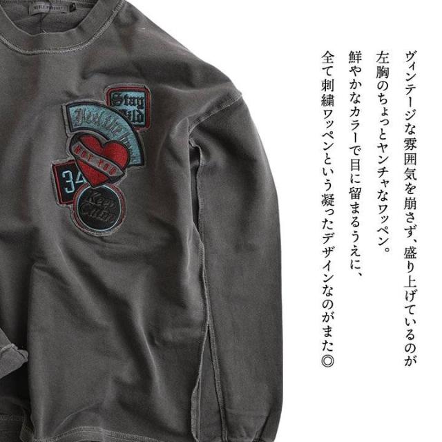 スウェット 長袖 メンズ レディース 綿100 コットン ミニ裏毛 袖リブ 胸ワッペン 刺繍 ロゴ 褪せ色 ピグメント 大きいサイズ カジュアル ヴィンテージ パティ