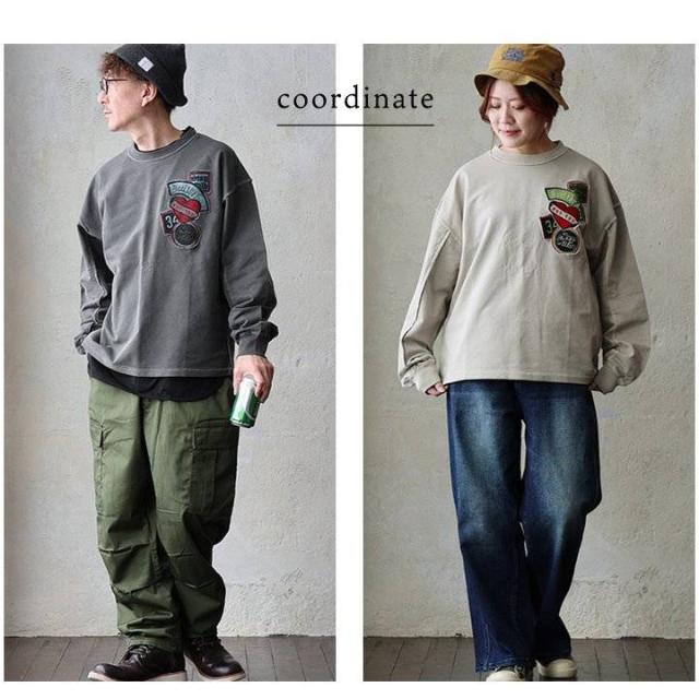 スウェット 長袖 メンズ レディース 綿100 コットン ミニ裏毛 袖リブ 胸ワッペン 刺繍 ロゴ 褪せ色 ピグメント 大きいサイズ カジュアル ヴィンテージ パティ
