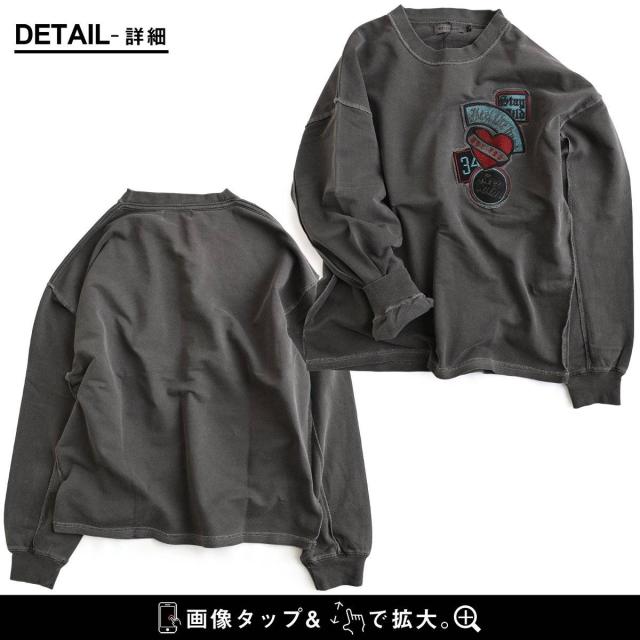 スウェット 長袖 メンズ レディース 綿100 コットン ミニ裏毛 袖リブ 胸ワッペン 刺繍 ロゴ 褪せ色 ピグメント 大きいサイズ カジュアル ヴィンテージ パティ