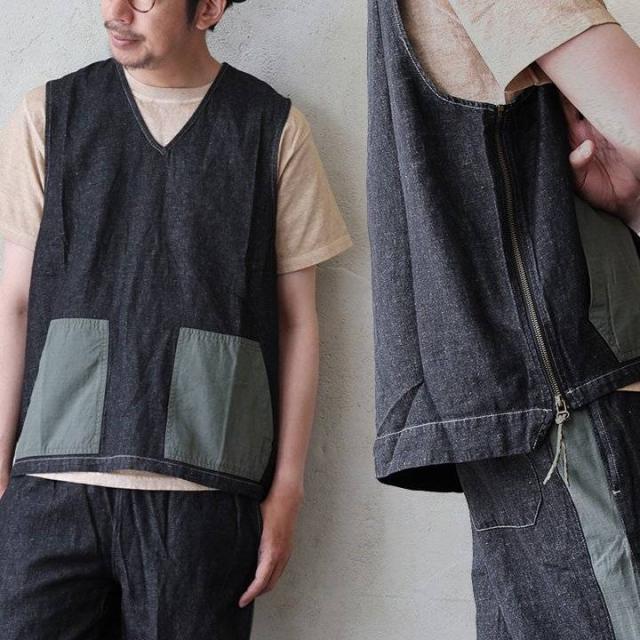 【メール便50】 ベスト Vネック メンズ レディース ジップベスト プルオーバー風 ワイド 綿麻 デニム リップストップ 配色 リメイク ミリタリー スモック ハンティング 大きいサイズ 着痩せ 重ね着 パティ S_re: スリー