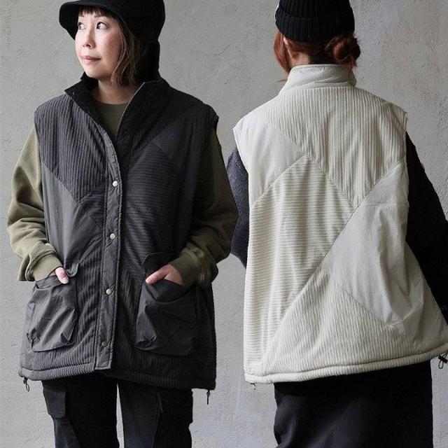 ベスト レディース スタンドネック 重ね着 ナイロン コーデュロイ ポリエステル 異素材切り替え 軽い 軽量 中綿 暖かい ゆったり 大きいサイズ カジュアル 秋 冬 パティ