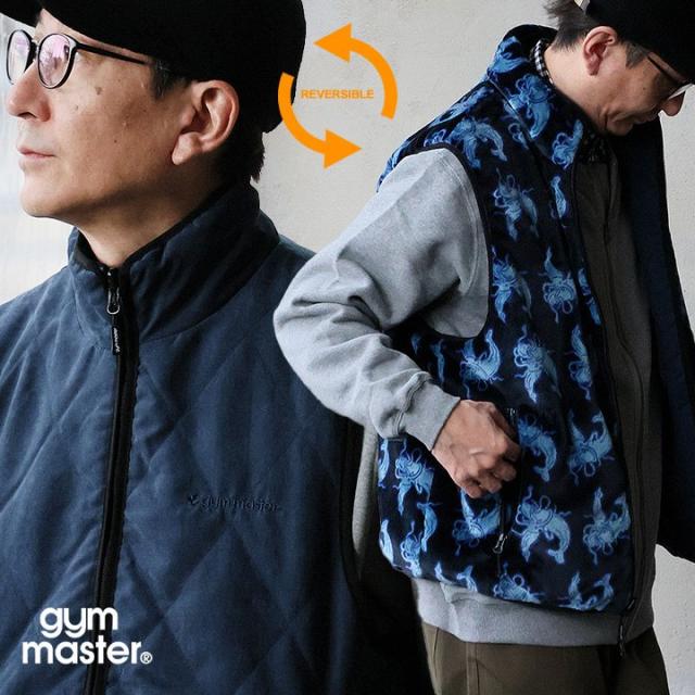 gym master ジムマスター ベストスタンドネックメンズレディースリバーシブル ポリエステル キルティング 総柄 ボア 軽い 重ね着 ジップポケット ゆったり カジュアル レトロ 秋 冬 パティ