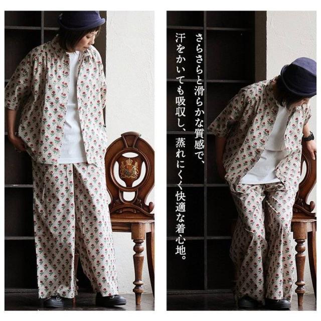 シャツ 5分袖 レディース セットアップ 花柄 総柄 プリント 綿100