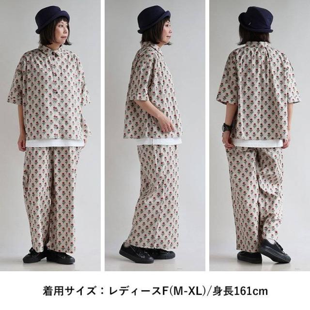 シャツ 5分袖 レディース セットアップ 花柄 総柄 プリント 綿100 