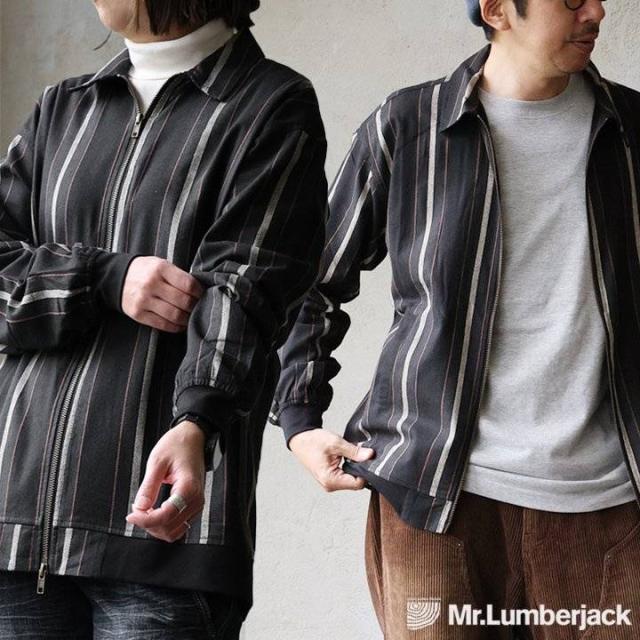シャツ ブルゾン 袖リブ メンズ レディース 長袖 コットン 綿100% 薄手 ダブルジップ ワイド 落ち感 ストライプ カッコイイ ポケット レギュラーカラー ゆったり ボックスシルエット 秋 大人 カジュアル パティ Mr.Lumberjack ミスターランバージャック