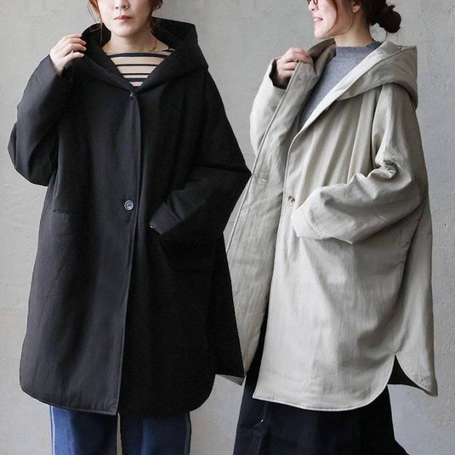 ジャケット フード付き ミディ丈 レディース 無地 ナイロン レーヨン ツイル 中綿 キルト 裏地付き 暖かい 軽い ゆったり 体型カバー 大きいサイズ カジュアル オフィスカジュアル 秋 冬 パティ corail コライユ