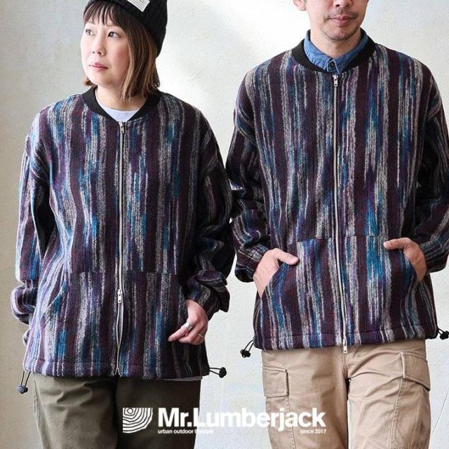 カーディガン ジップアップ 長袖 メンズ レディース ポケット ワイド 着痩せ 裏使い ニット ランダムストライプ お尻 体系 カバー 袖ゴム 裾ドローコード ゆったり 大き目 大きいサイズ カジュアル パティ Mr.Lumberjack ミスターランバージャック
