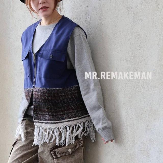 MR.REMAKEMAN ミスターリメイクマン ベスト レディース Vネック 重ね着 ジップ ポケット フリンジ 異素材切り替え 大きいサイズ カジュアル レトロ リメイク パティ