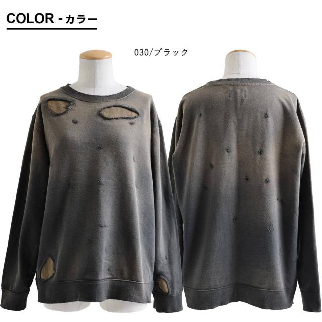 Johnbull ジョンブル スウェット 長袖 レディース クルーネック 綿100 コットン ダメージ 洗い加工 リメイク 裏毛 ゆったり 大きいサイズ 体型カバー カジュアル パティ_1