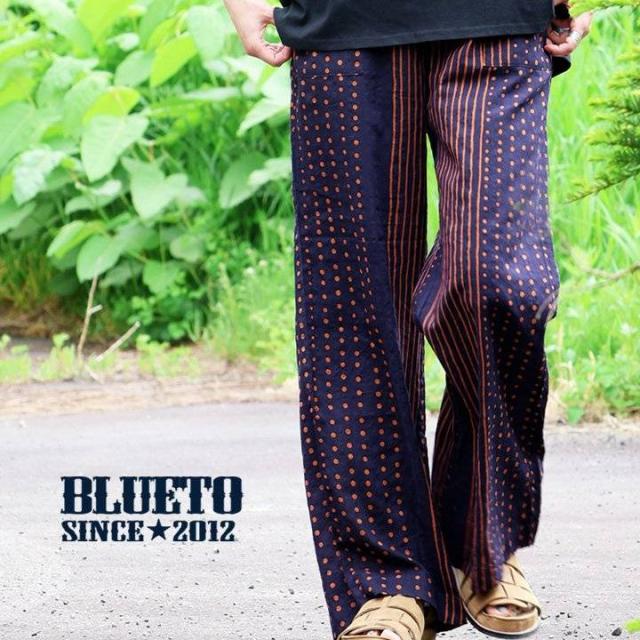 ワイド 柄 パンツ レディース 脚長 ストレート 夏 涼しい 綿100 コットン 薄手 軽い ウエストゴム 内紐 裏地付き ゆったり 大きめ 落ち感 細見せ 着痩せ すっきり 体系 カバー 裾上げ無料 大人 カジュアル パティ BLUETO ブルート