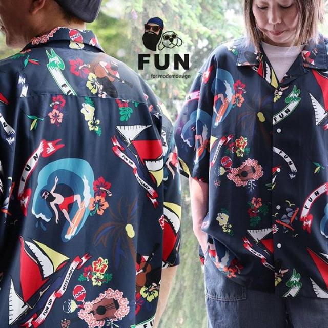 【メール便50】 FUN ファン シャツ 5分袖 メンズ レディース アロハシャツ プリント おじさん キャラクター 薄手 軽い 涼しい 羽織り 重ね着 大きいサイズ 体型カバー カジュアル 夏 パティ