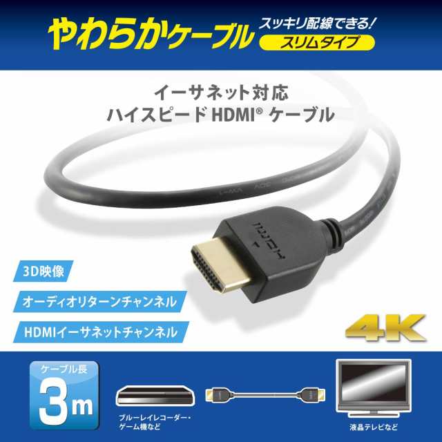 HDMIケーブル HDMIやわらかケーブル スリムタイプ ハイスピード 3m