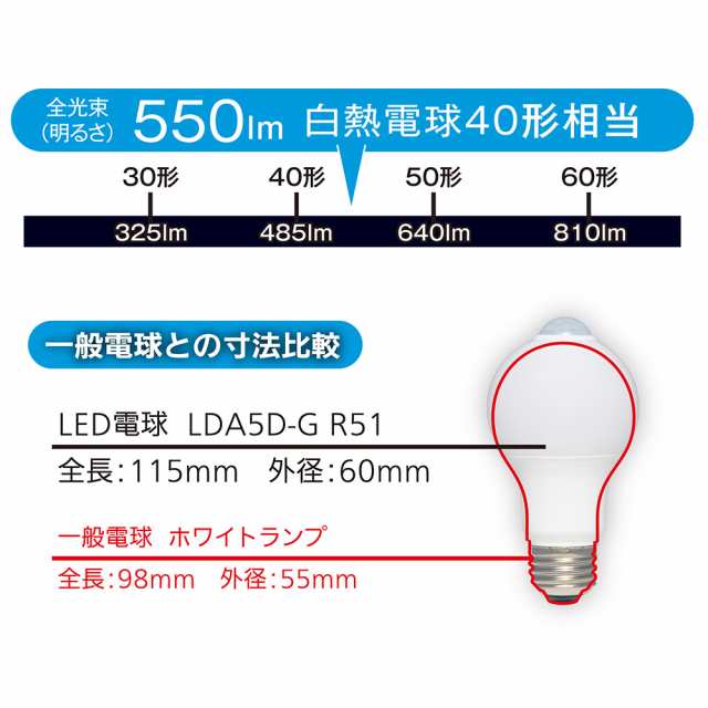 LED電球 E26 40形相当 人感明暗センサー付 昼光色｜LDA5D-G R51 06