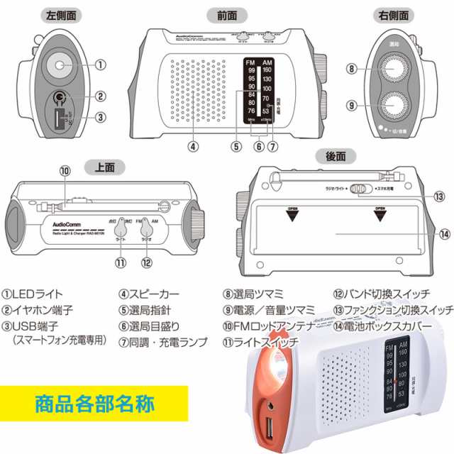 AudioComm スマホ充電ラジオライト ワイドFM RAD-M510N 07-8680 OHM オーム電機｜au PAY マーケット