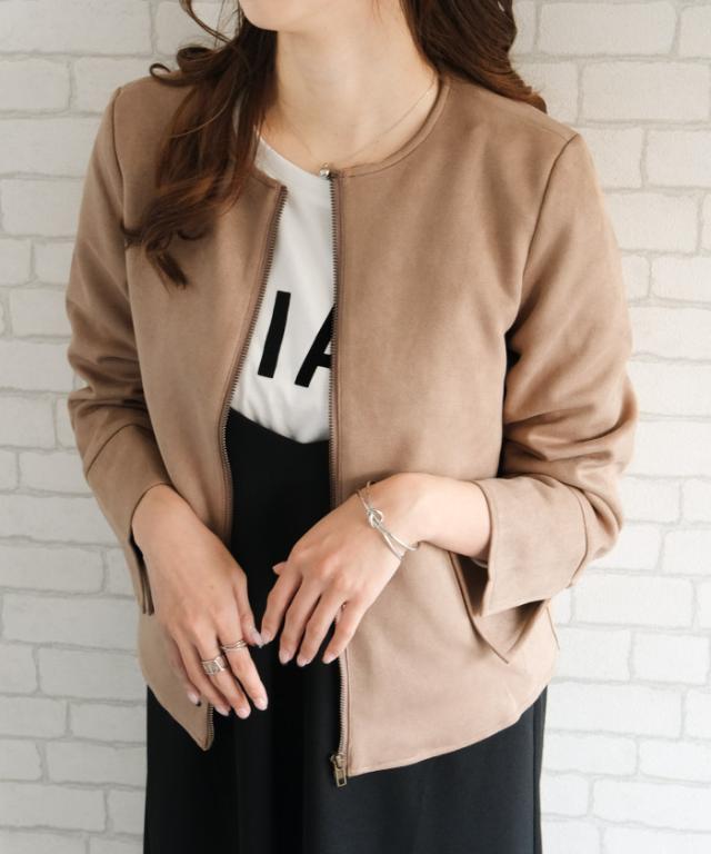 送料無料 スエードタッチノーカラージャケット レディース アイボリー