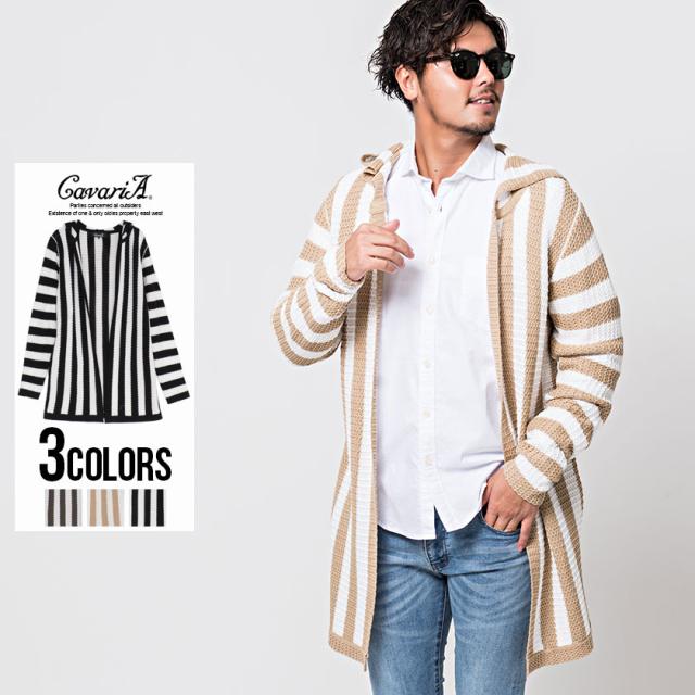 30%OFF カーディガン メンズ 長袖 CavariA キャバリア ストライプ柄フード付き長袖ガウン 即日発送 トップス 羽織り ニット フーディー ロング丈 綿 グレー ベージュ ブラック 黒 M L きれいめ BITTER系 ビター系 秋 冬 [CAST20-101]の通販は 5,292円
