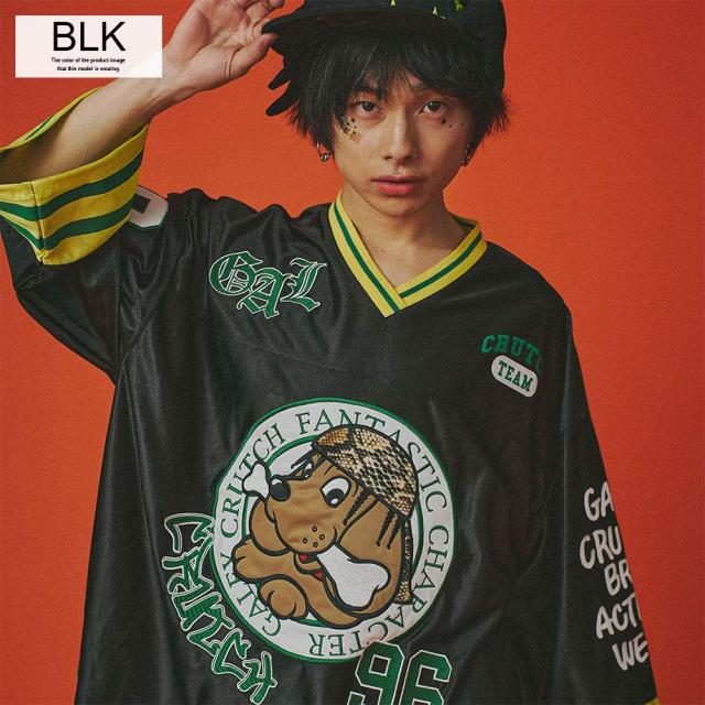 GALFY ガルフィー Tシャツ メンズ レディース 長袖 七分袖 7分袖 ブランド おしゃれ 大きいサイズ トップス カットソー Vネック ホッケーシャツ ジャージ 犬 アップリケ 刺繍 ロゴ オーバーサイズ ゆったり ユニセックス 男女兼用 ペア 黒 服 春 20代 30代 40代 [151007]_1
