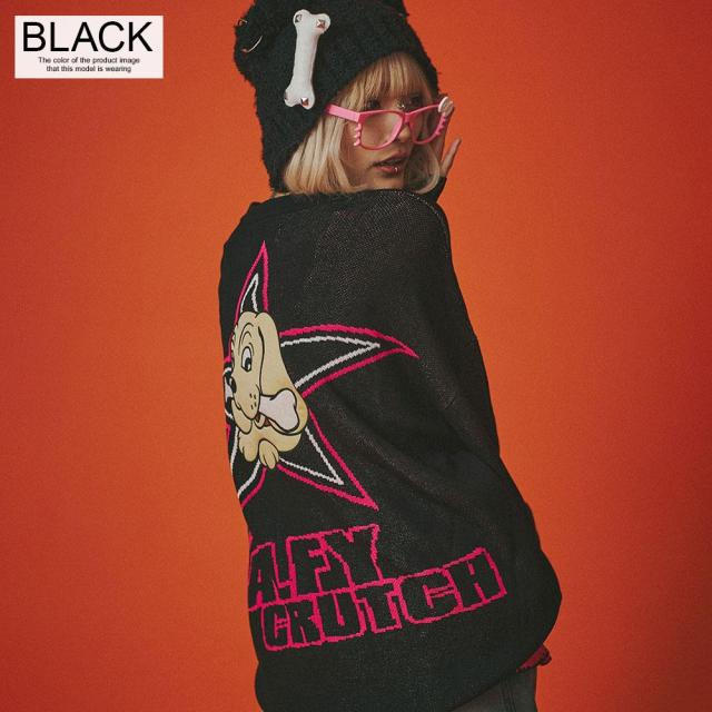 GALFY ガルフィー ガルフィ ニット セーター 長袖 メンズ レディース ユニセックス ロゴ いぬ イヌ 犬 星 スター ジャガード キャラクター 大きいサイズ ビッグシルエット オーバーサイズ ゆったり L ピンク 黒 春 冬 カジュアル ストリートメンズファッション [151030]