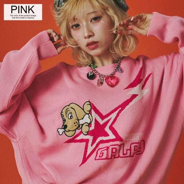 GALFY ガルフィー ガルフィ ニット セーター 長袖 メンズ レディース ユニセックス ロゴ いぬ イヌ 犬 星 スター ジャガード キャラクター 大きいサイズ ビッグシルエット オーバーサイズ ゆったり L ピンク 黒 春 冬 カジュアル ストリートメンズファッション [151030] GALFY ガルフィー ガルフィ ニット セーター 長袖 メンズ レディース