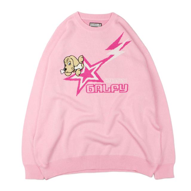 GALFY ガルフィー ガルフィ ニット セーター 長袖 メンズ レディース ユニセックス ロゴ いぬ イヌ 犬 星 スター ジャガード キャラクター 大きいサイズ ビッグシルエット オーバーサイズ ゆったり L ピンク 黒 春 冬 カジュアル ストリートメンズファッション [151030] GALFY ガルフィー ガルフィ ニット セーター 長袖 メンズ レディース