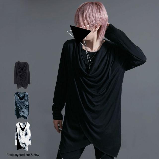 ロンT メンズ 長袖Tシャツ おしゃれ フェイクレイヤード ドレープ カットソー 長袖 カットソー ドレープ tee ヴィジュアル系 ビジュアル系 V系 ホスト お兄系 無地 薄手 黒 ブラック ユニセックス 男 男性 メンズファッション ファッション 即日発送 [3505-43]の通販は 6,376円