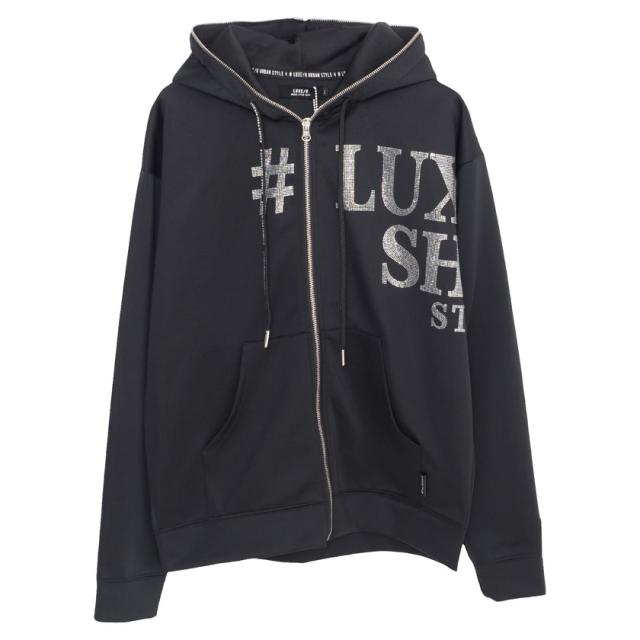 パーカー メンズ 長袖 トップス おしゃれ ブランド 大人 ジップパーカー ストレッチ 伸縮性 ロゴ プリント ラインストーン ユニセックス LUXE/R ラグジュ スポーツ ホワイト ブラック 白 黒 M L XL 男性 男 服 秋 冬 秋冬 ファッション 即日発送 [45537] パーカー メンズ 長袖 トップス おしゃれ ブランド 大人 ジップ