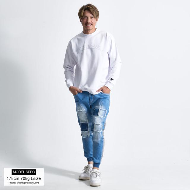 デニムパンツ メンズ ジョガーパンツ リブパンツ スウェットパンツ スエットパンツ デニム パンツ JOGデニム シンプル 伸縮性 ストレッチ ロゴ ネイビー ブラック M L XL LUXE R ラグジュ ユニセックス 男性 男 服 春 夏 秋 冬 ファッション 即日発送 [45734]_3