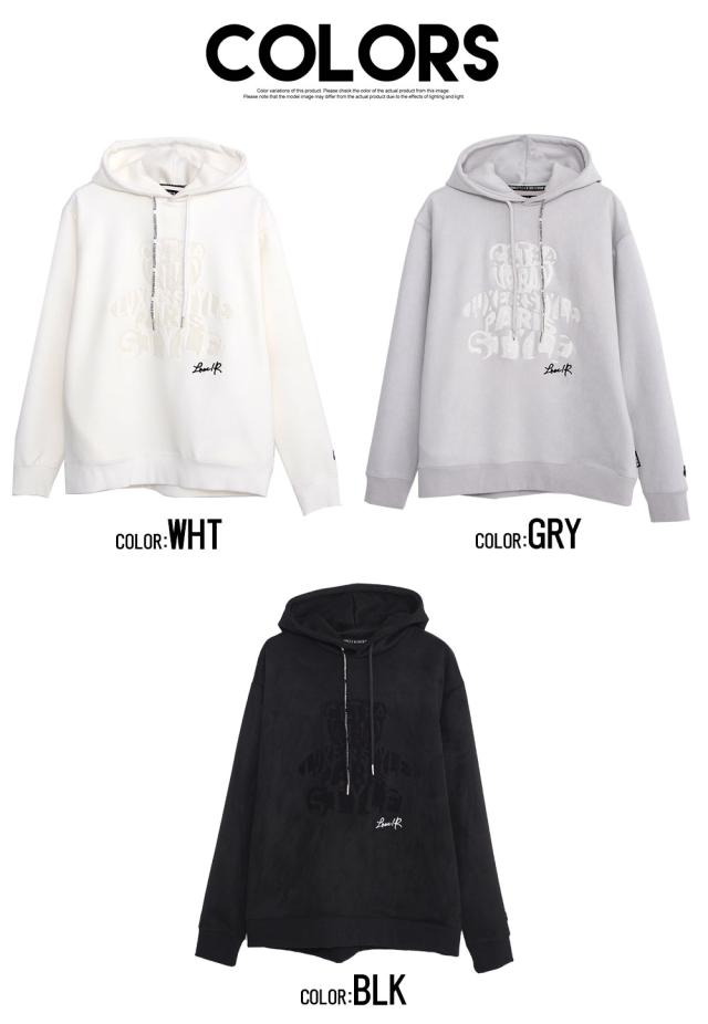 パーカー メンズ おしゃれ プルパーカー プルオーバー スウェット スエット サガラワッペン ベア クマ 熊 ロゴ ブランドロゴ スウェード スエード ブラック ホワイト グレー LUXE R ラグジュ ブランド 20代 30代 40代 ユニセックス 男性 男 服 春 ファッション [45912] パーカー メンズ おしゃれ プルパーカー プルオーバー スウェット