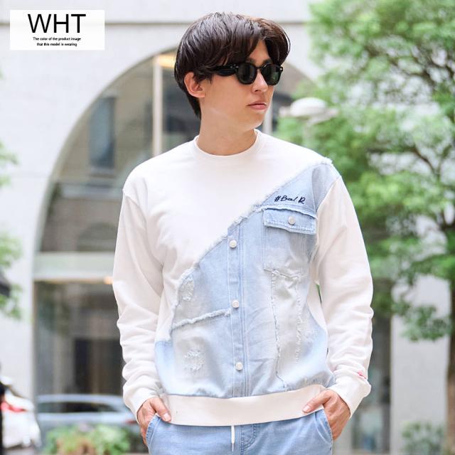 トレーナー メンズ 長袖 ブランド おしゃれ 大きいサイズ スウェット クルーネック デニム 切り替え フラップポケット ロゴ 刺繍 ダメージ加工 綿 ゆったり ストレッチ 白 黒 LUXE R ラグジュ スポーツ ゴルフ ユニセックス 服 秋 冬 秋服 冬服 20代 30代 40代 [46121] トレーナー メンズ 長袖 ブランド おしゃれ 大きいサイズ スウェット