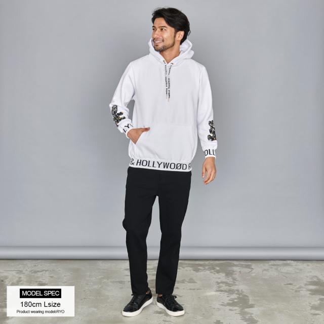 パーカー メンズ ブランド おしゃれ 裏起毛 プルオーバー スウェット スエット ベア クマ 熊 バックプリント ロゴ 総柄 プブラック ホワイト 白 黒 M L XL Hollywood rich.& ハリウッドリッチ 20代 30代 40代 ユニセックス 秋 冬 秋冬 男 男性 ファッション [A4-1311] パーカー メンズ ブランド おしゃれ 裏起毛 プルオーバー スウェット