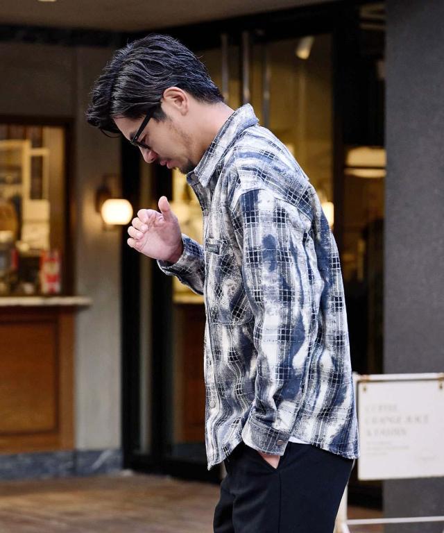 チェックシャツ メンズ おしゃれ 大きいサイズ アウター 羽織り シャツジャケット 長袖シャツ レギュラーカラー ムラ染め ヴィンテージ ポケット ブルー BENUSTA ベヌスタ 大人 20代 30代 40代 50代 ちょいワル ユニセックス 男性 男 服 春 秋 冬 ファッション[BENU25a-039]_5