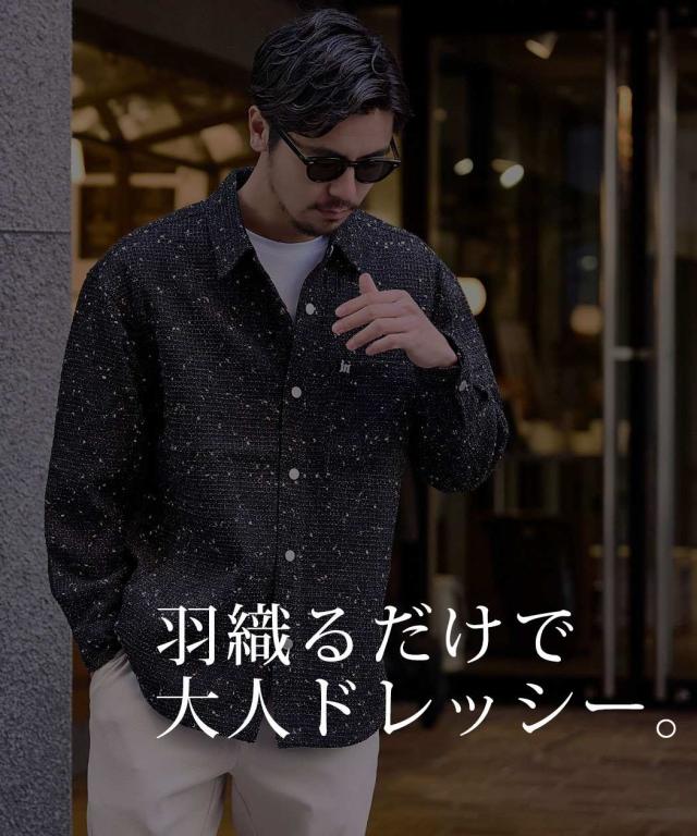 シャツジャケット メンズ おしゃれ 大きいサイズ ライトアウター 羽織り 長袖シャツ カジュアルシャツ ツイードライク レギュラーカラー ポケット ロゴ 黒 BENUSTA ベヌスタ 大人 20代 30代 40代 50代 ちょいワル ユニセックス 男性 男 服 春 秋 冬 ファッション[BENU25a-048]_2
