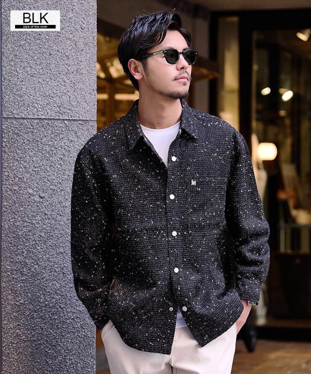 シャツジャケット メンズ おしゃれ 大きいサイズ ライトアウター 羽織り 長袖シャツ カジュアルシャツ ツイードライク レギュラーカラー ポケット ロゴ 黒 BENUSTA ベヌスタ 大人 20代 30代 40代 50代 ちょいワル ユニセックス 男性 男 服 春 秋 冬 ファッション[BENU25a-048]_3