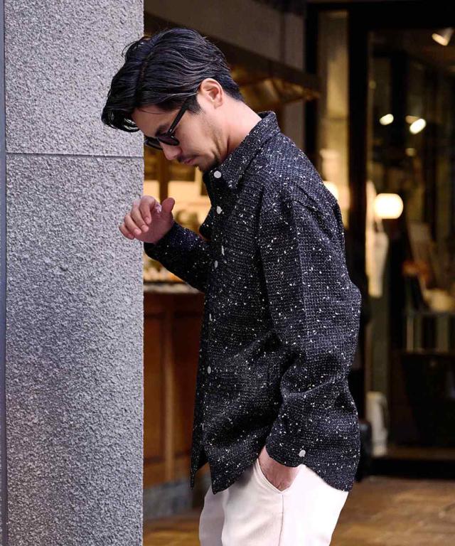 シャツジャケット メンズ おしゃれ 大きいサイズ ライトアウター 羽織り 長袖シャツ カジュアルシャツ ツイードライク レギュラーカラー ポケット ロゴ 黒 BENUSTA ベヌスタ 大人 20代 30代 40代 50代 ちょいワル ユニセックス 男性 男 服 春 秋 冬 ファッション[BENU25a-048]_5