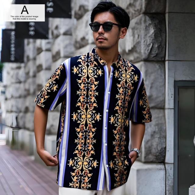シャツ メンズ 半袖 ブランド 柄 半袖シャツ バロック調 総柄シャツ カジュアルシャツ 大きいサイズ ブラック ブルー ホワイト M L CavariA 20代 30代 40代 50代 クール ユニセックス 男性 男 服 春 夏 夏服 春夏 ファッション [CABD25-13]